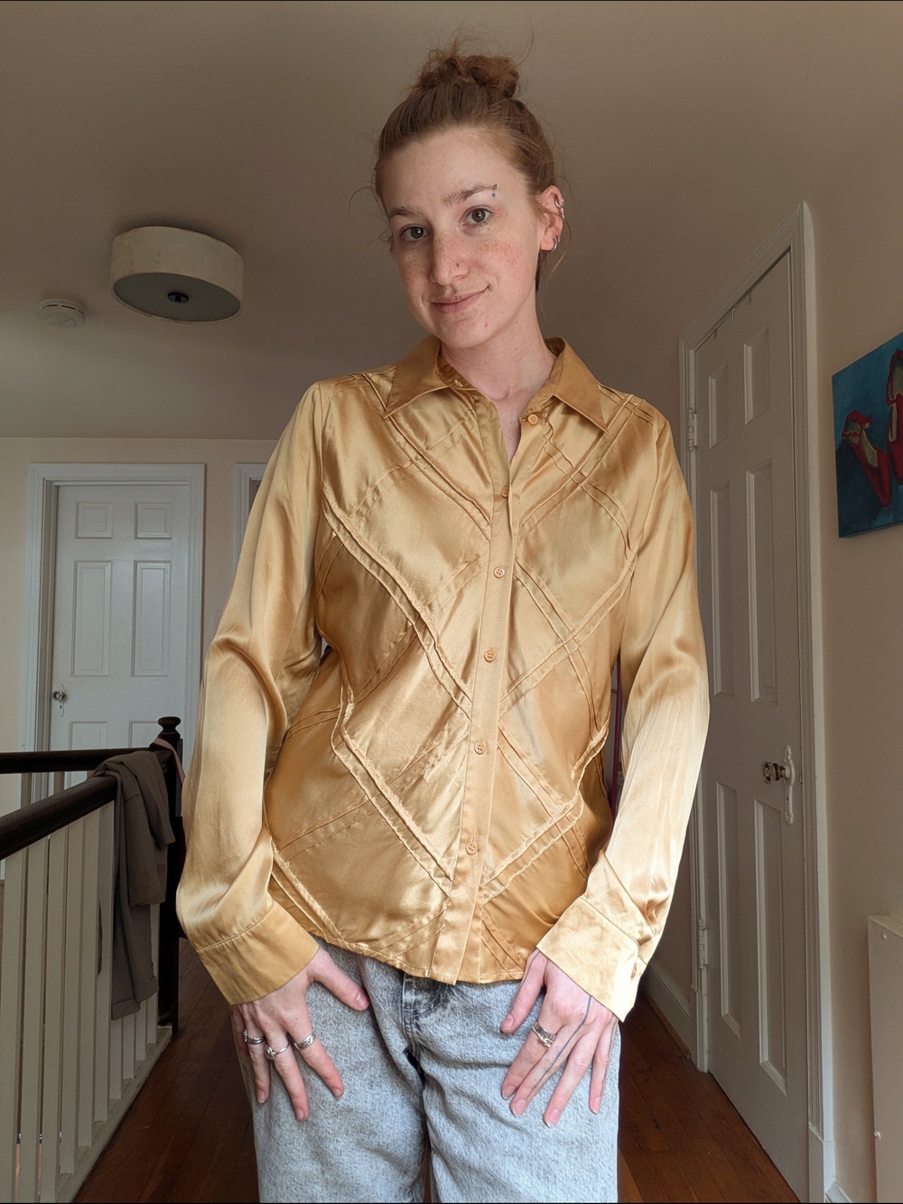 Féraud Gold Silk Satin Bias Cut Pintuck Button Up Blouse